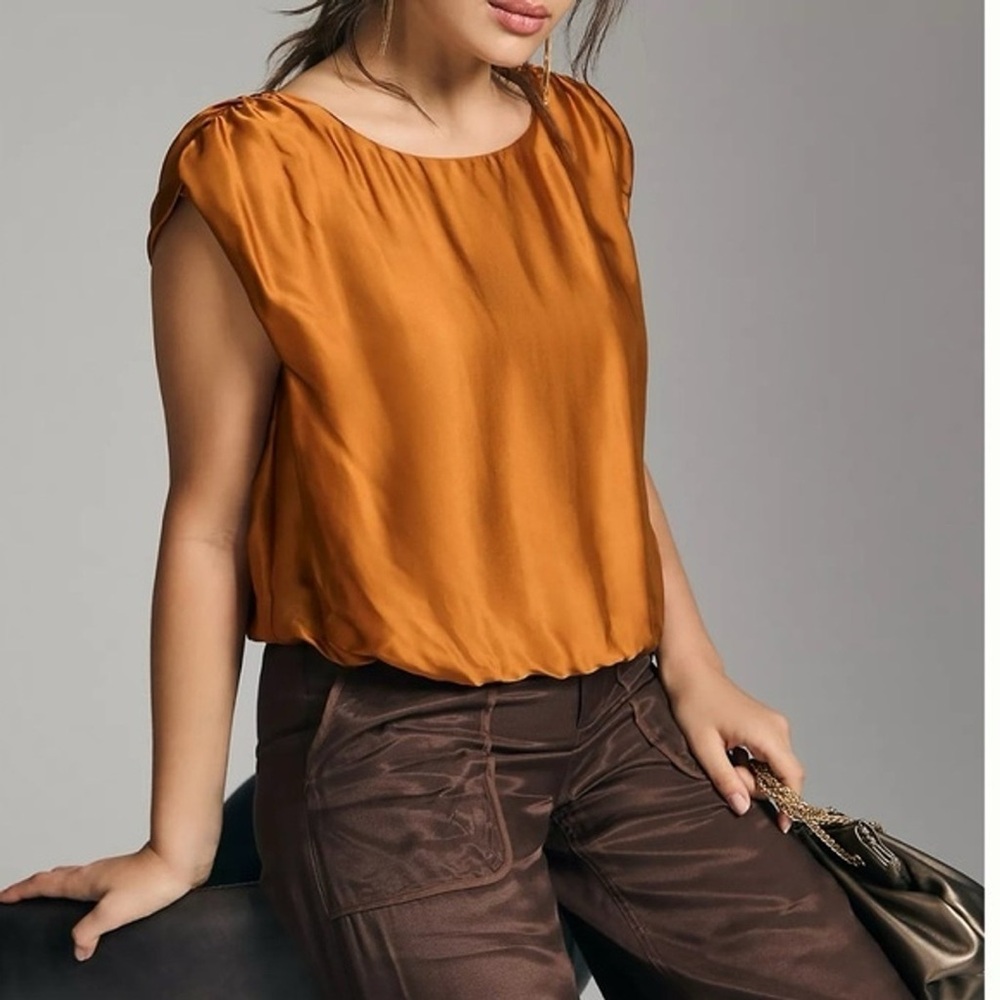 NWT Anthropologie Silky Honey Boatneck Blouson Top Size Small Gathered Shoulders